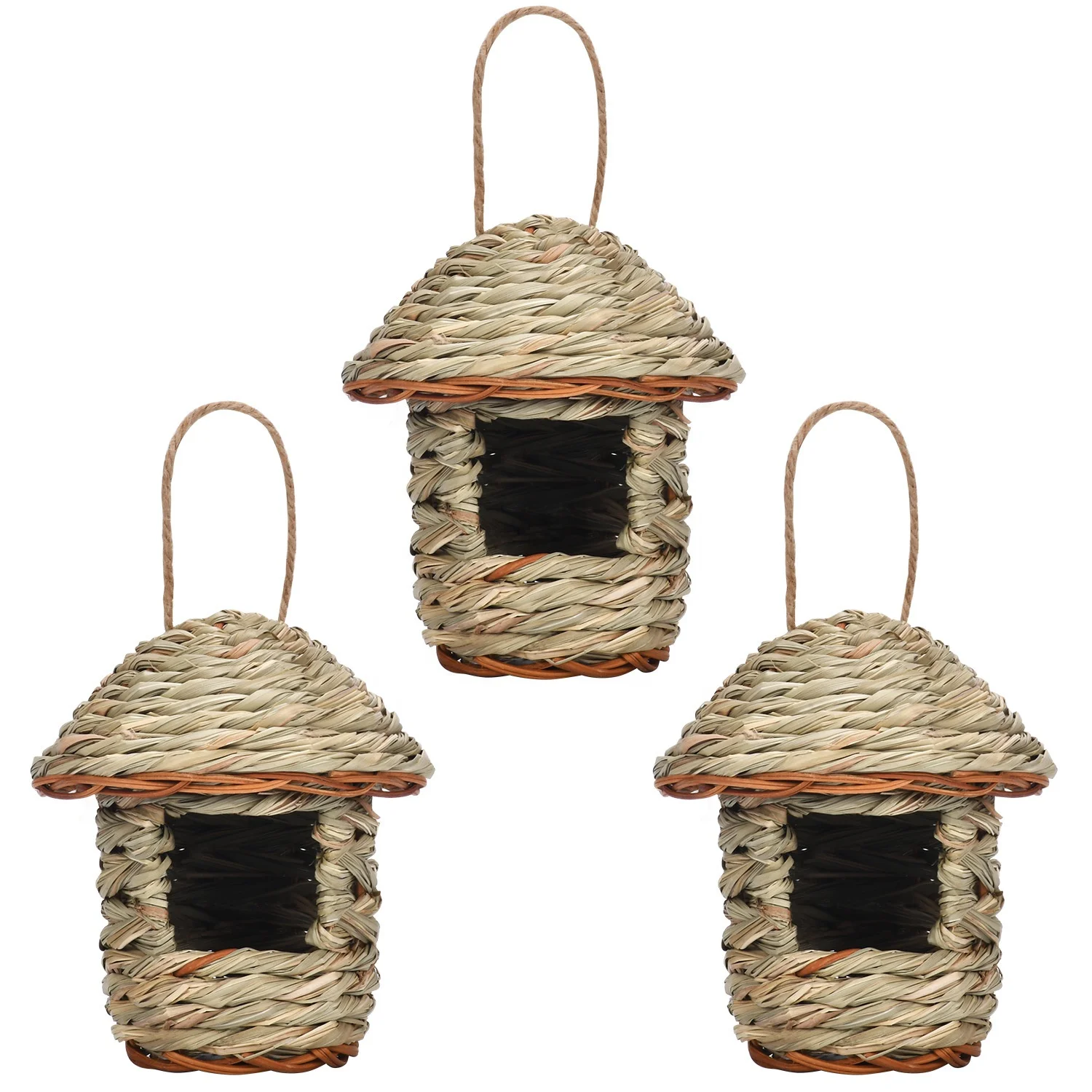 Amazon Hot Sale 3 Packs Hanging Natural Reed Hand Woven Grass Hideaway Finch Canary Chickadee Woven Bird Nest