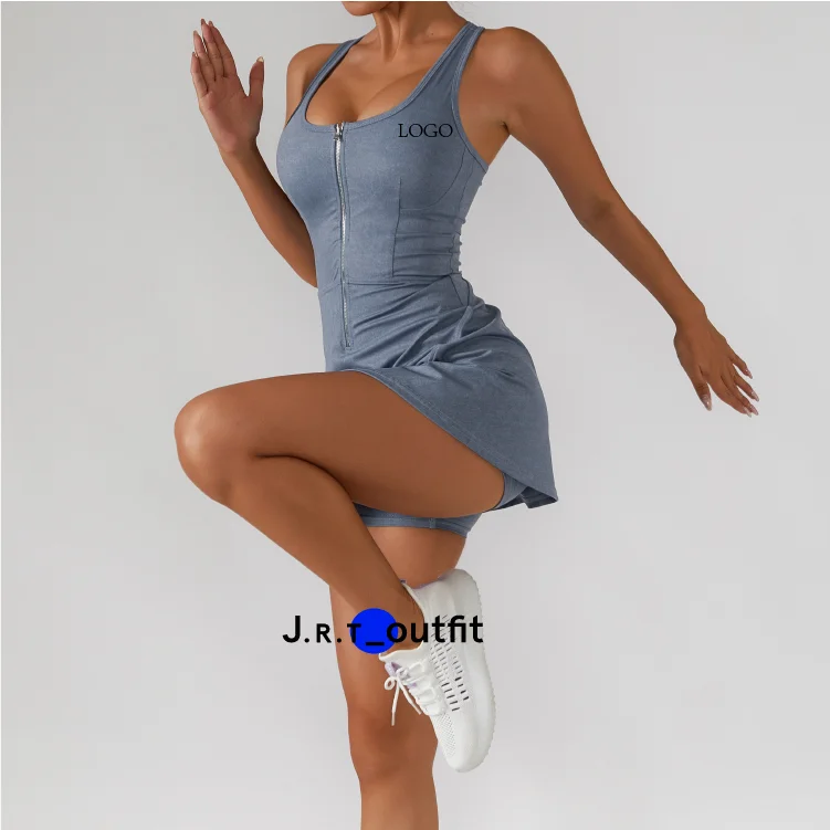 JRT Women Zipper Sports Yoga Golf Running Exercise Tennis Dress With Built in Shorts
