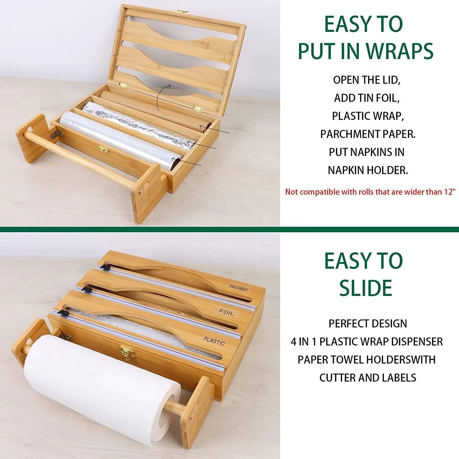 MF-L348Bamboo Wood Roll Organizer Holder Wax Paper Aluminum Foil And Plastic Wrap Dispenser With Slide Cutter