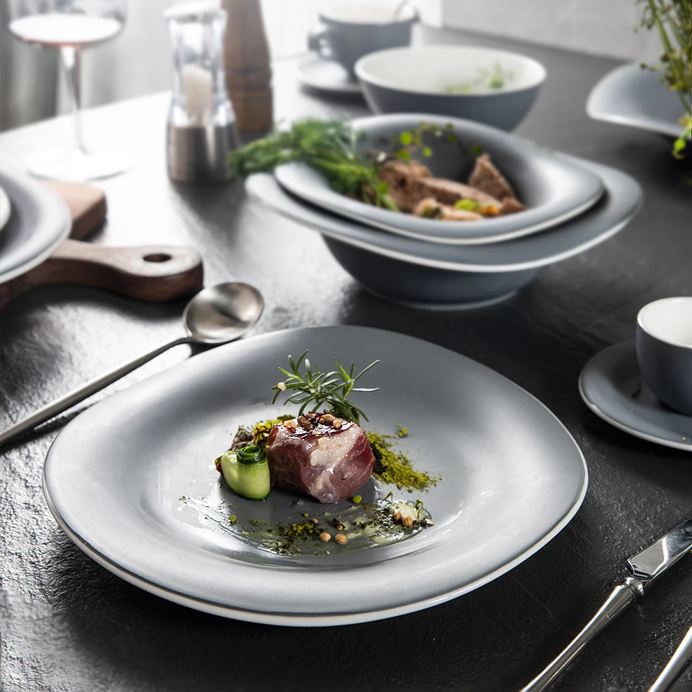 Stoneware Dishes Plate Bowl Crockery Dinnerware Vajjila Geschirr Tableware Teller Set  Grey Nordic  Irregular Ceramic Dinner Set