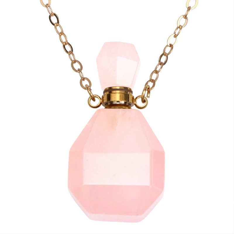 Wholesale Custom Design Natural Rock Pink Crystal Stone Hand Carved Empty Perfume Bottle Necklaces