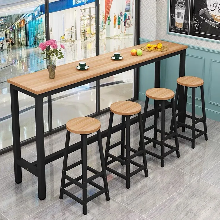 Modern Simple Wooden High Bar Table Metal Frame Long Home Bar Counter Table