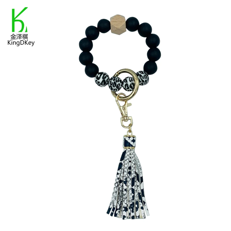 New PU Leather Tassel Wooden Silicone Beaded Bangle Bracelet Keychain Leopard Printed Wrisyband Keyring