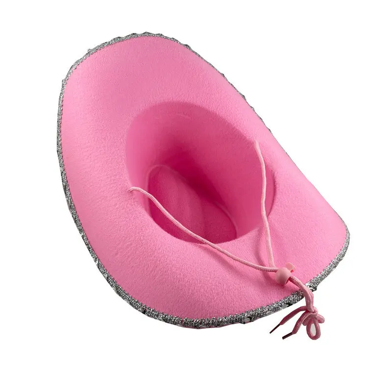 Silver-Brim Western Cowboy Hat with Pink Cover Masquerade Party Headwear for Outdoor Sports Fishing Winter Seasons