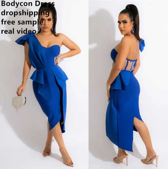 2022 New Arrivals Sexy Backless Club One Shoulder Sleeveless Halter Cutout Bodycon Midi Dress Elegant Peplum Women Dress