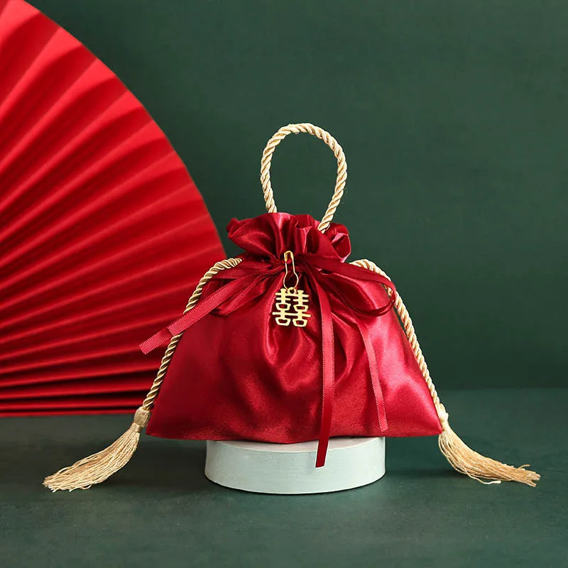 Wholesale Small Drawstring dark red Silk Satin Jewelry Pouch Bag for candy