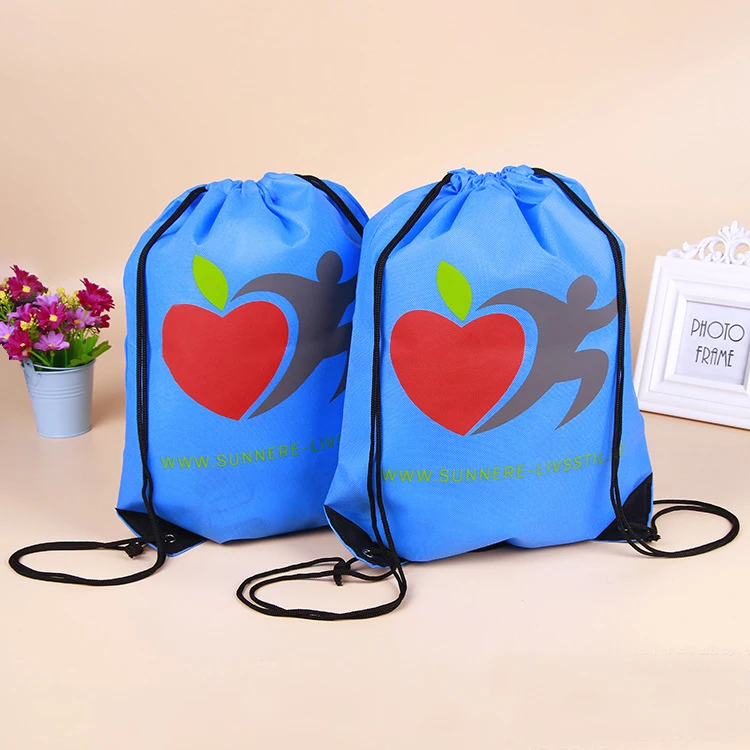 Wholesale eco friendly blue color 80gsm non woven drawstring backpack bag for students