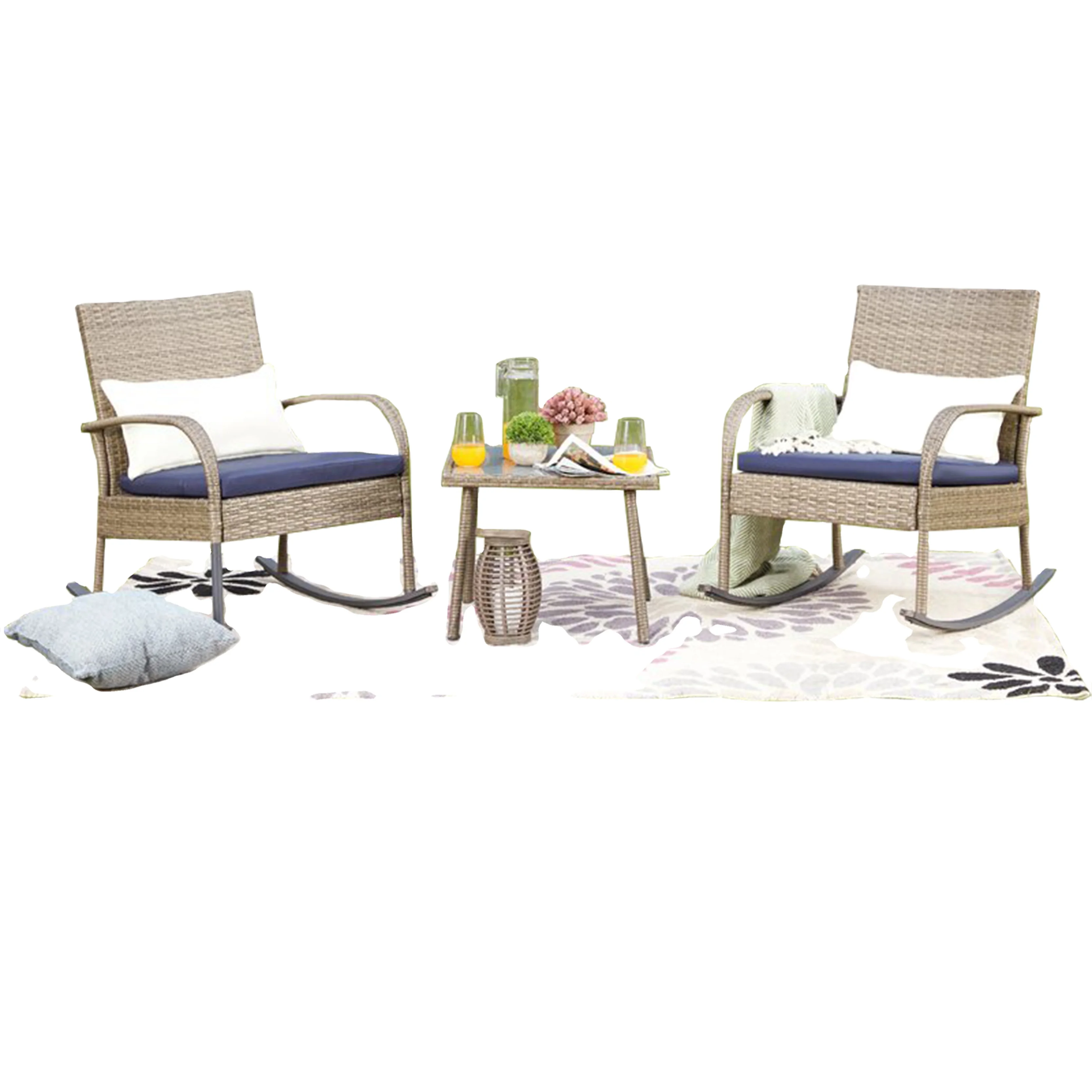 
3 piece outdoor bistro set, rocking chair, outdoor wicker rattan furniture garden sofa chair set with cushion. 