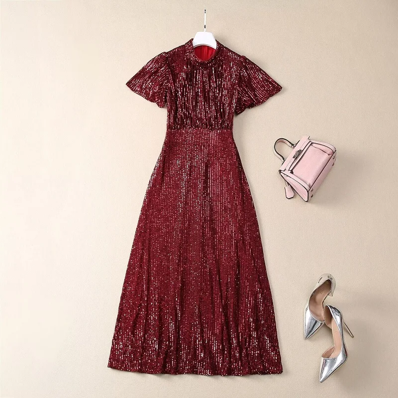 Sequined Dress 2025 Spring Party Cocktail Women Stand Neck Allover Shine Sequin Patterns Short Sleeve Midi Red Black Dress XXL