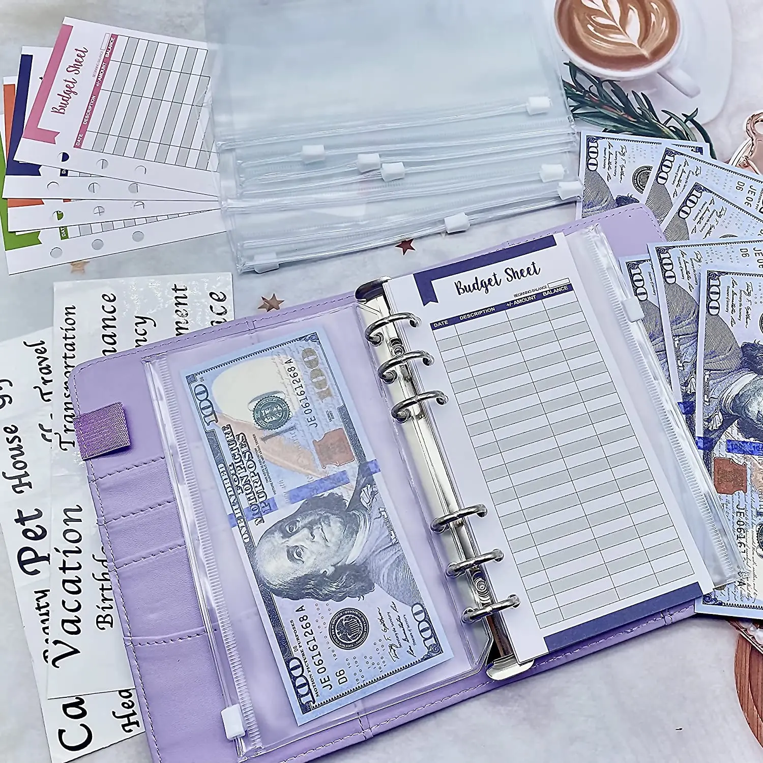 Wholesale-solid color-Budget-Binder-sets-with-Cash-Envelopes-stickers