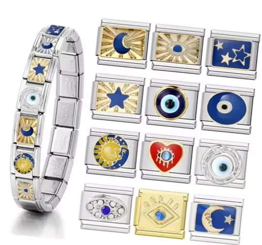 Diy Jewelry Stainless Steel 18k zircon Crystal Heart Evil Eyes Italian Bracelet Charm For Bracelet Bangle Making Accessories