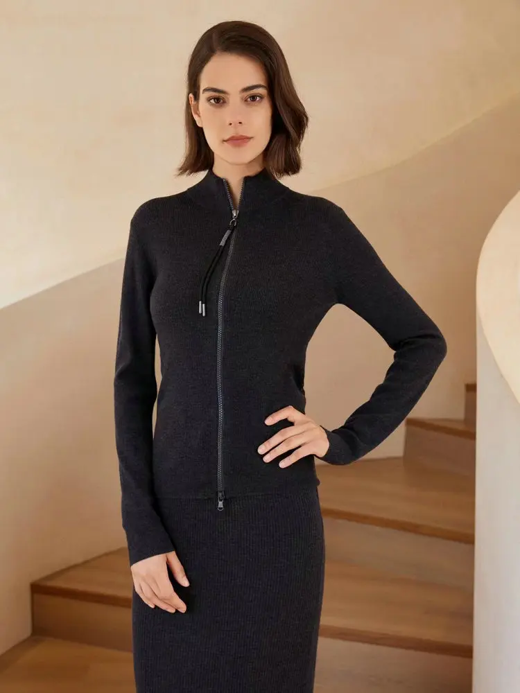 Women Cashmere Cardigan Winter Ladies Clothes Wholesale Zipper Slim Fit Knitted Wool Cardigan 100% Merino Wool Sweater