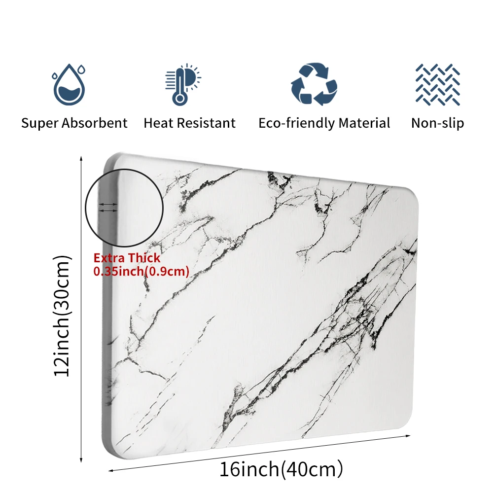 2023 Trending 9mm Extra Thick Diatomaceous Earth Marble Stone Dish Drying Mat for Kitchen Bathroom