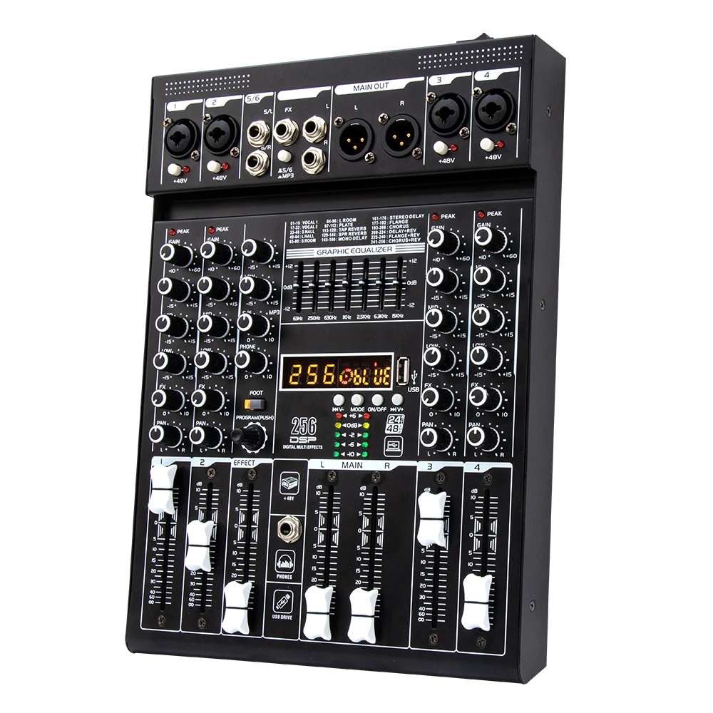 6 channel digital mixer with built-in 256 DSP USB Bluetooth reverb + 48V power live performance mixer