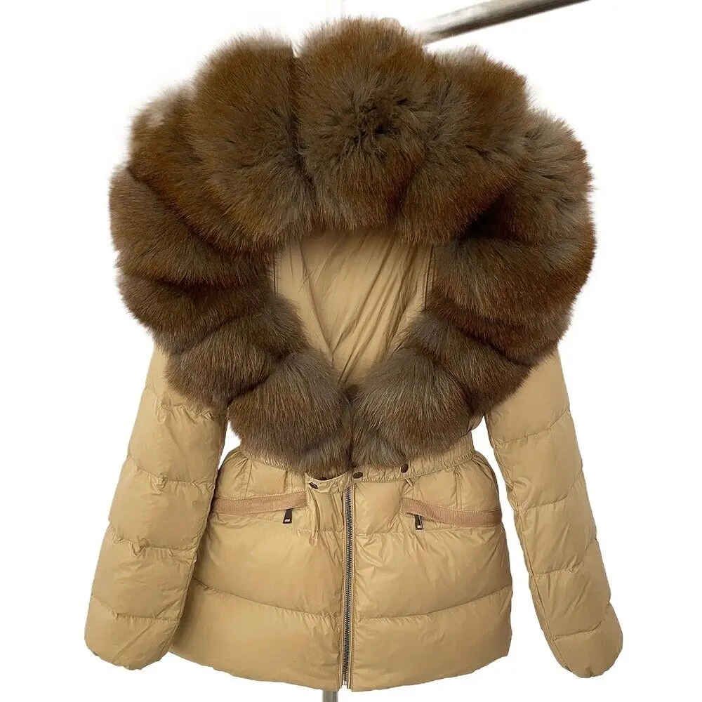OFTBUY 2024 Winter Jacket Women Real Raccoon Fox Fur Collar Hooded White Duck Down Coat Belt Thick Warm Casual Outerwear