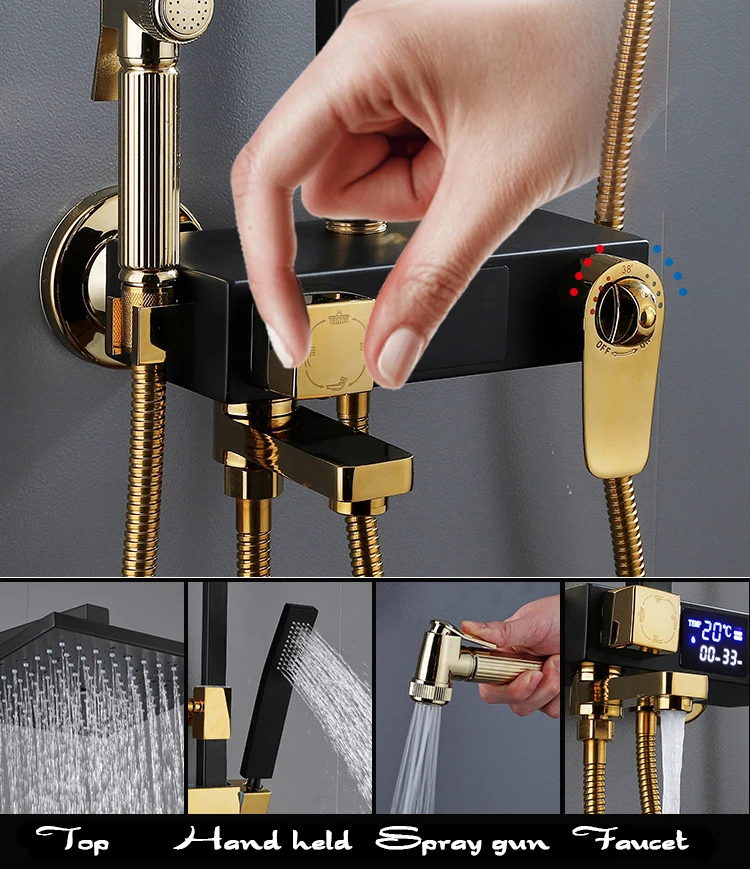 Holmine Multi Function Top Spray Wall Hanging Copper Rose Gold Shower Kit 4 Water Outlet Saving Rainfall Bathroom Shower Set