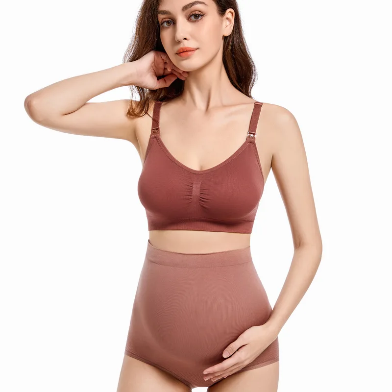 668+855Seamless high waist underwear set lactation bra open button no wire no trace breathable underwear lift hip maternity wear