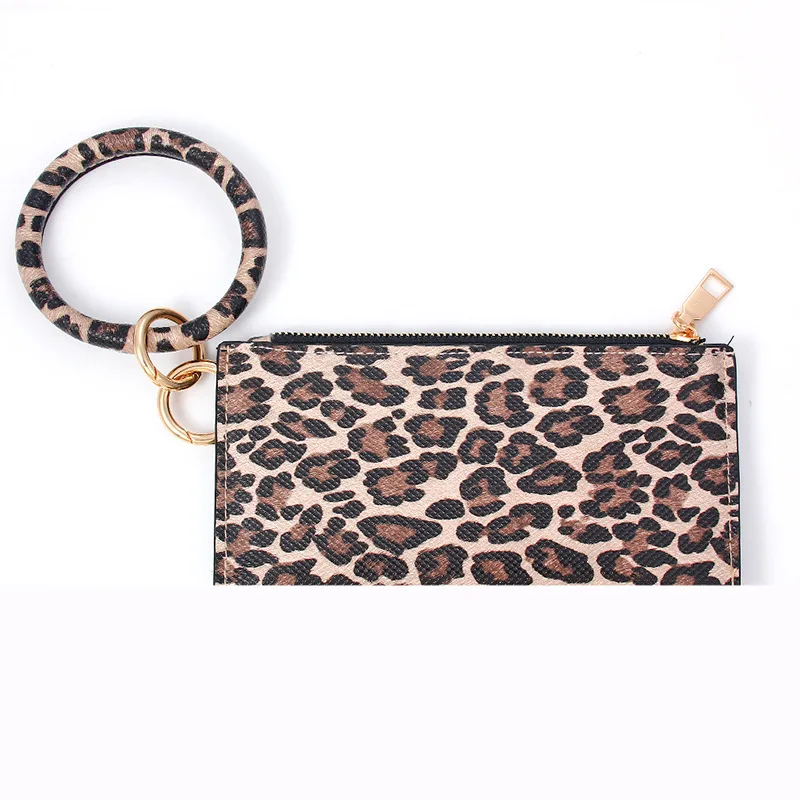 Hot Sale PU leather Fashion Keyring Bracelet Credit Card Holder Woman Handbag Leopard Wrist Keychain Snap Card Wallet