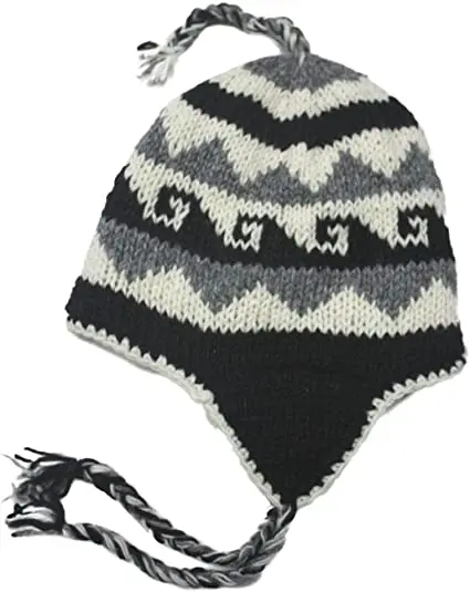 Hand Knit Unisex Wool Beanie Hat Ear Flap Fleece Lined Nepal hat