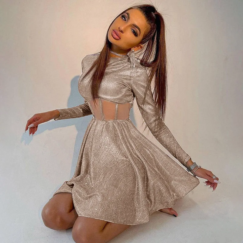 Long Sleeve Winter Fashion Dress Shinny Glitter Cute A -line Dress Faux Mesh Corset Dress party Women