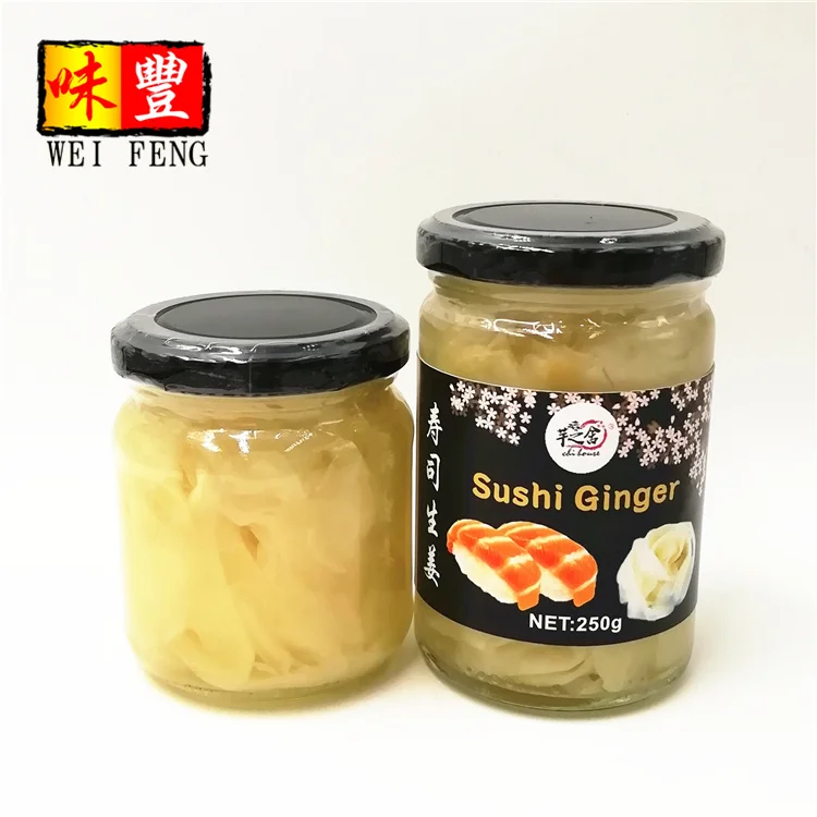 Chinese Brand Supplier Wholesale Price Bottle Japanese Gari Yellow 250g Glass Jar Sliced Sushi Ginger Pickled