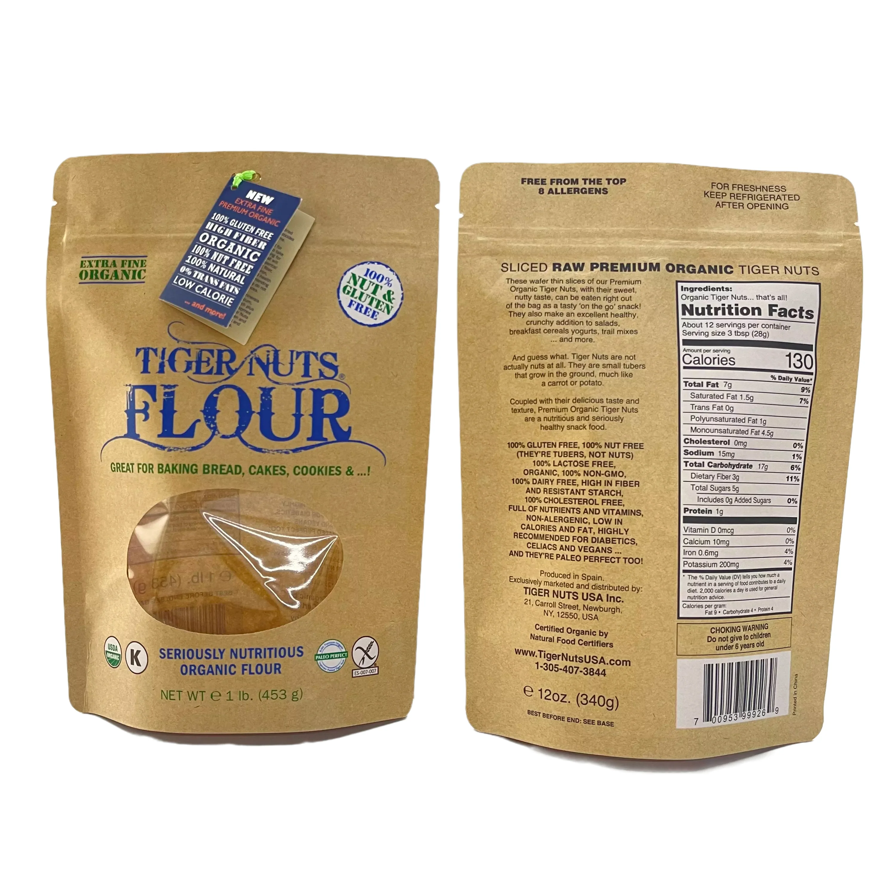 Wholesale 100% recycled laminated kraft paper mylar zipper window stand up bags for food packaging