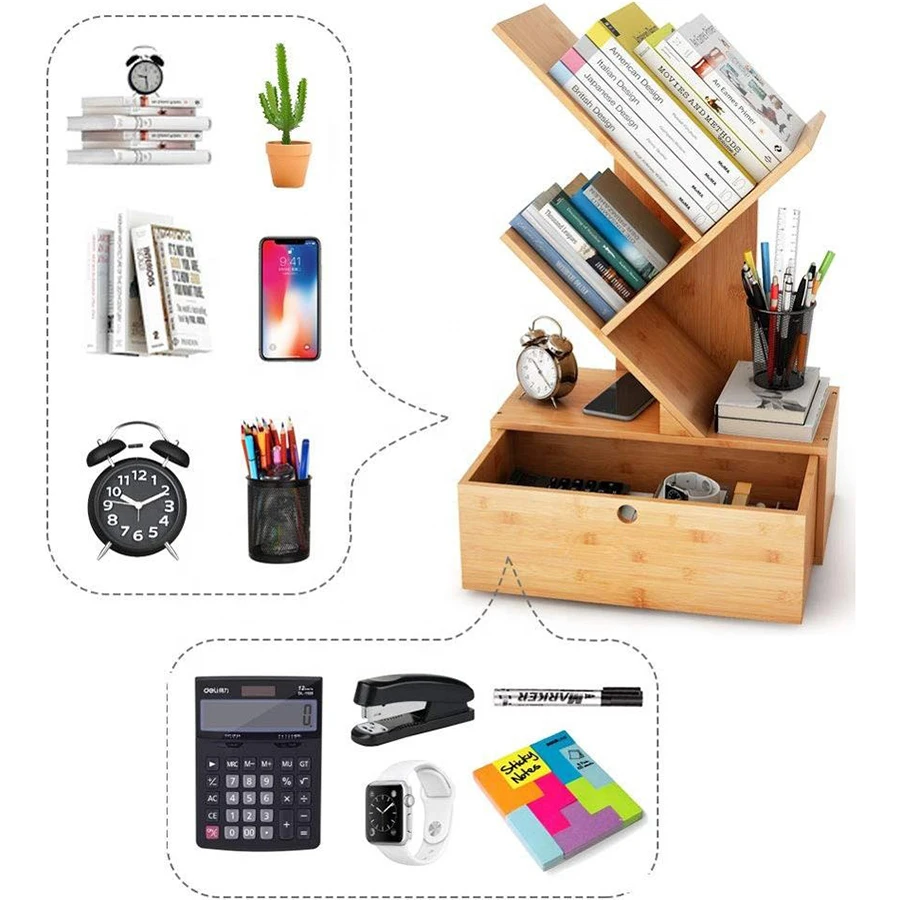 Book Rack With Storage and Drawers Cheap Natural Bamboo Bookshelf