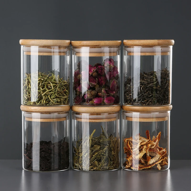 Hot Sale home and kitchen mason storage jar round glass spice jar with Wooden Bamboo Lid Set