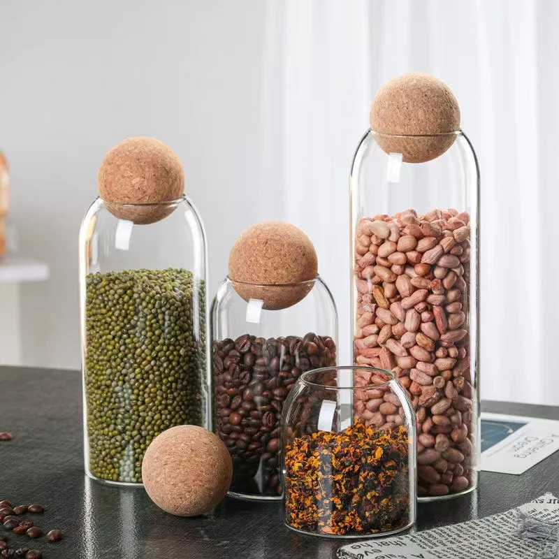 Glass Bottle Wooden Cork Ball Stopper Jar Wholesale Borosilicate Lid Glass Kitchen Food 500ml 800ml 1200ml Bamboo Food Container