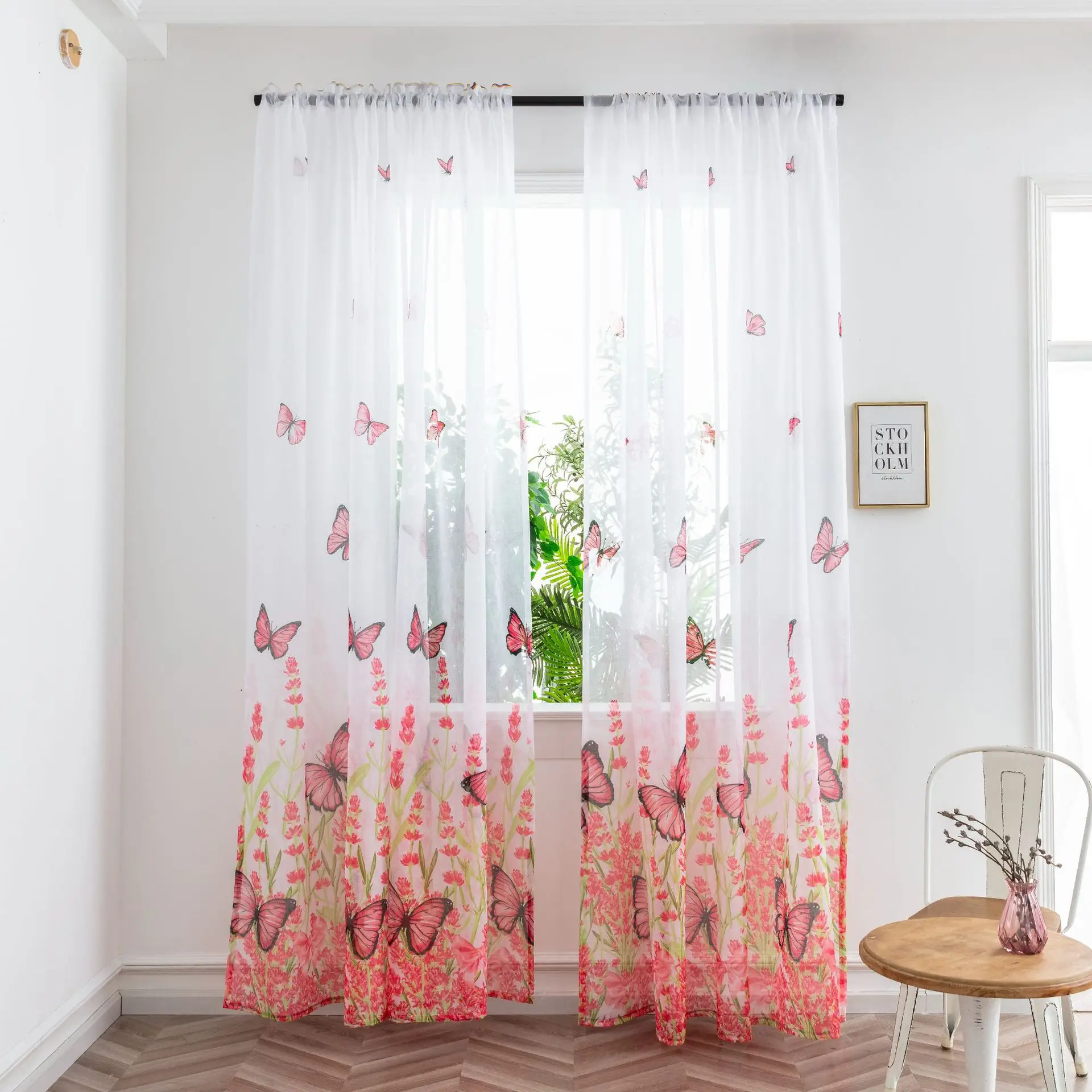 Amity Breathable Fluttering Flower Butterfly Printed Windows Curtains Bedroom Perforated Sheer Curtains For Home Living Room