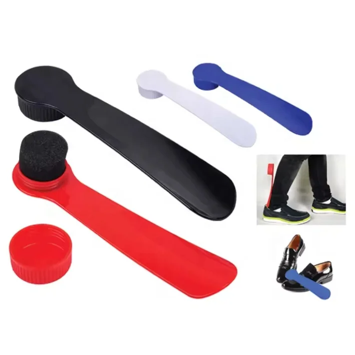 Advertising 2 in 1 help shoes wear plastic long handle shoehorn shoe horn with shoe shine cleaning sponge
