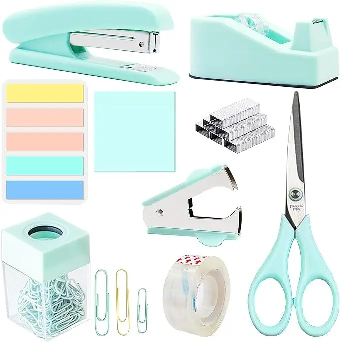 Mint Green Desktop Office Set Student Office Staple Lifter Scissors Stapler Paper Clip Combination Stationery Set