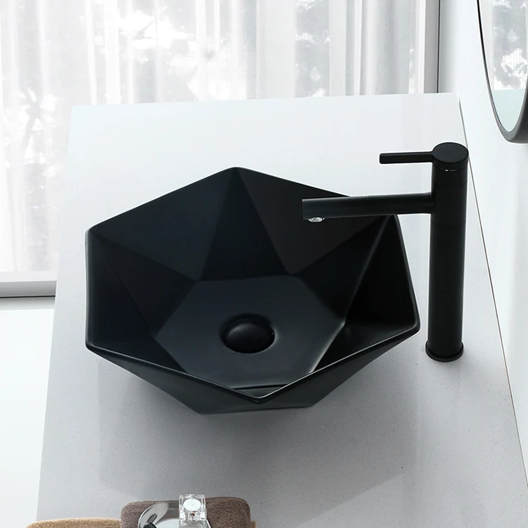 Custom New Style Unique Irregular Hexagon Shape Ceramic Above Counter Hand Wash Basin Bathroom Furniture Sink