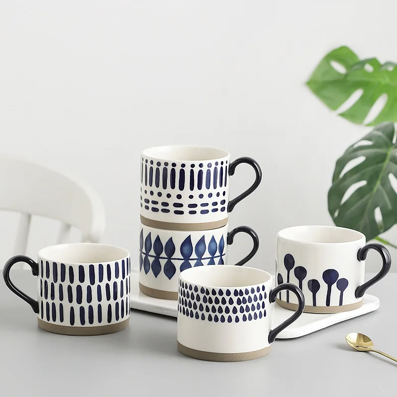 Hand Painted 15 oz. Porcelain Ceramic Mugs. Service for 4