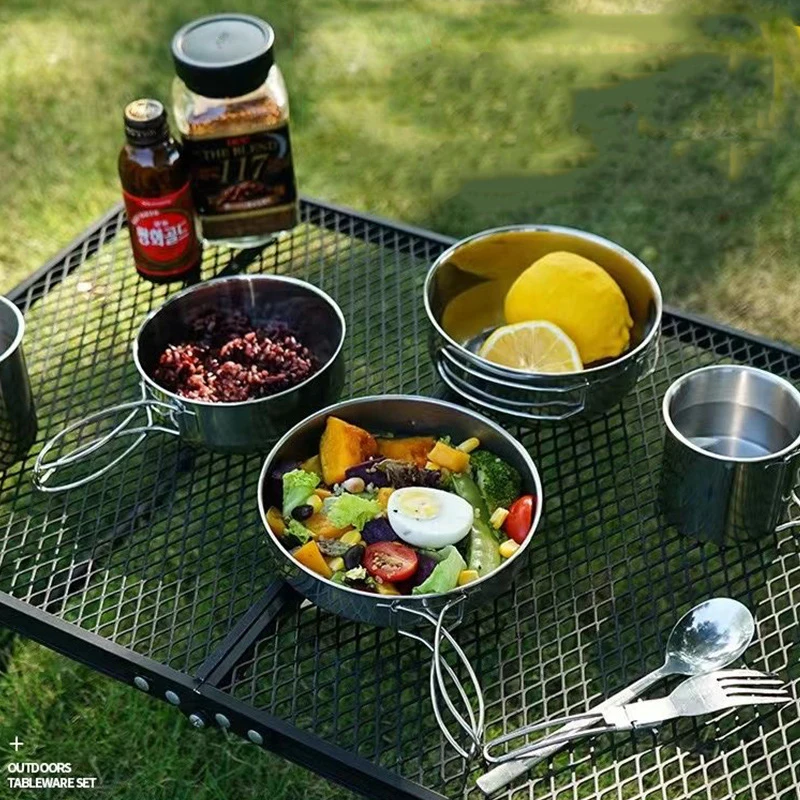 Stainless Steel Camping Cookware Mess Kit Camping Cook Pot with Folding Handle Set Outdoor Picnic Tea Cup Bowl