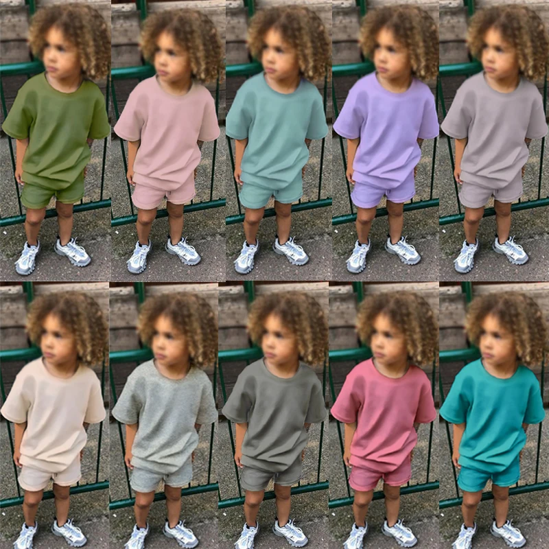 wholesale toddler boys clothes set summer clothing 2 piece outfits cotton plain kids short sets