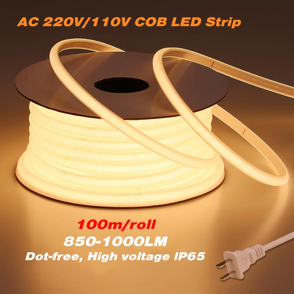 100 meters per roll Super Bright 220V/110V Flexible Strip Ra80 3000K/4000K/6000K Outdoor Waterproof COB LED Strips