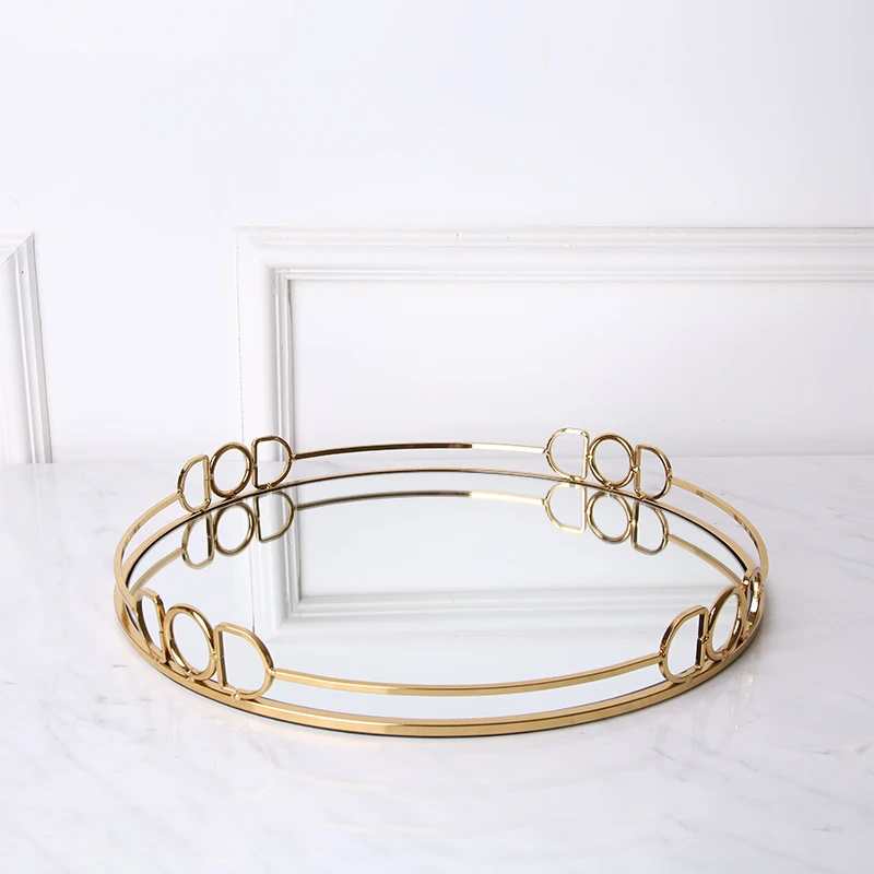 Modern Arabic Golden Metal Mirror Perfume Decorations Home Luxury Glass Mirror Tray Gold For Coffee Table