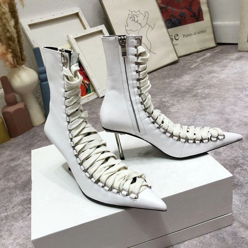 Top Selling Pointed-toe Stiletto Heel Pumps Shoes Women Lace-up Side Zipper Open Back Black Ankle Boots Shoes for Cool Girl