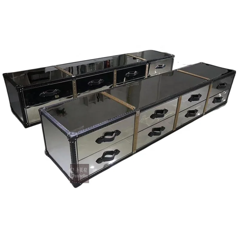 luxury TV cabinet high quality home floor stand TV table with drawers vintage genuine leather stainless steel console cabinet