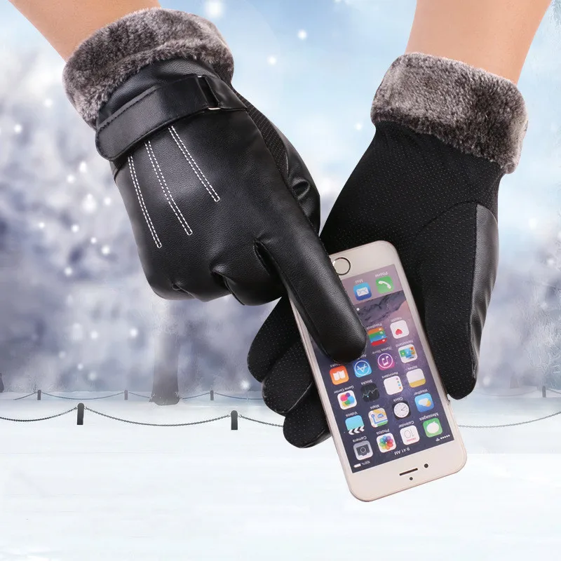Thick Fleece Lined Black Mens Touchscreen Texting Winter PU Leather Dress Driving Gloves With Fur Cuff