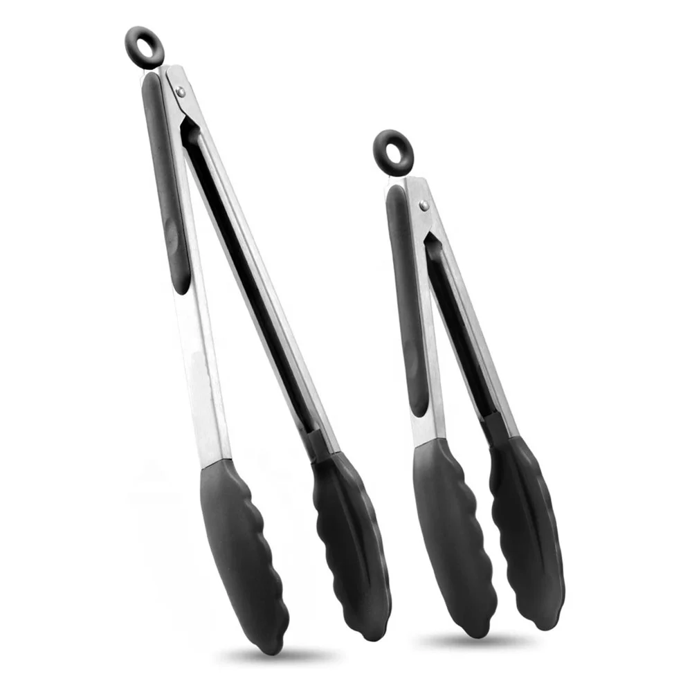 2 Pack Black kitchen tongs, Silicone BPA Free Non-Stick Stainless Steel BBQ Cooking Grilling Locking Food Tongs 9 Inch & 12 Inch