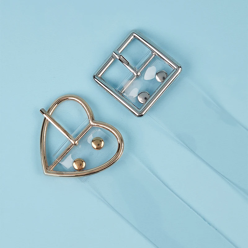 2PCS Fully Clear Belts Female Silver Square Pin Buckle And Gold Heart Pin Buckle PVC Plastic Transparent Belts