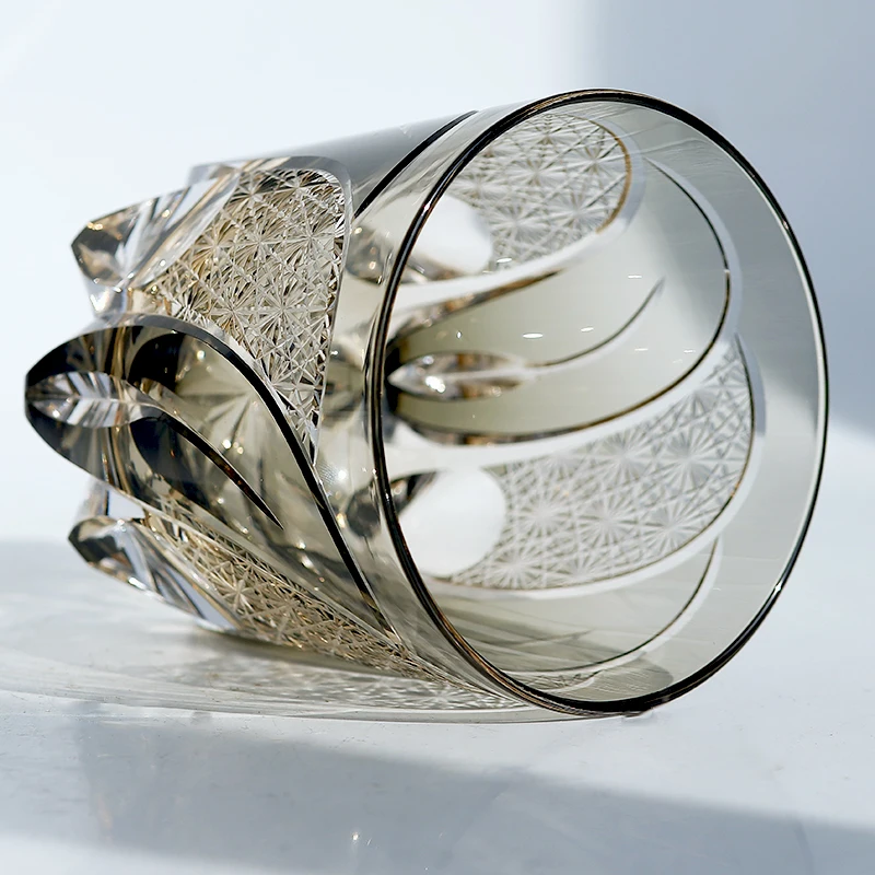 11 oz Hand Blown Colored Glass Whisky Tumbler Grey With Hand Carved Star Bottom Purple Old Fashioned Rock Glass express package