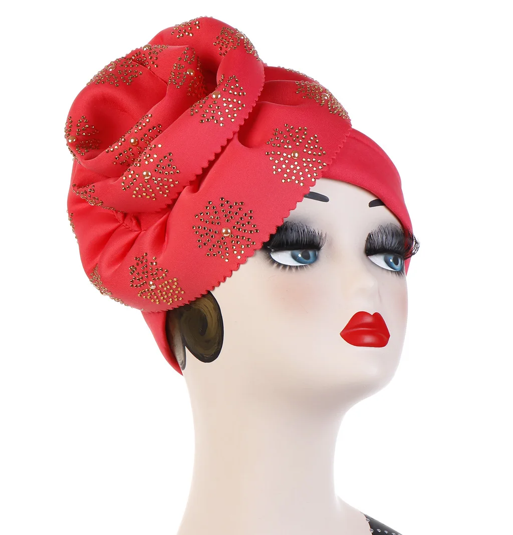 Women Rhinestone Turban Hat hand-cut fashion street shooting photo prop Big flower solid color Muslim Indian Cap