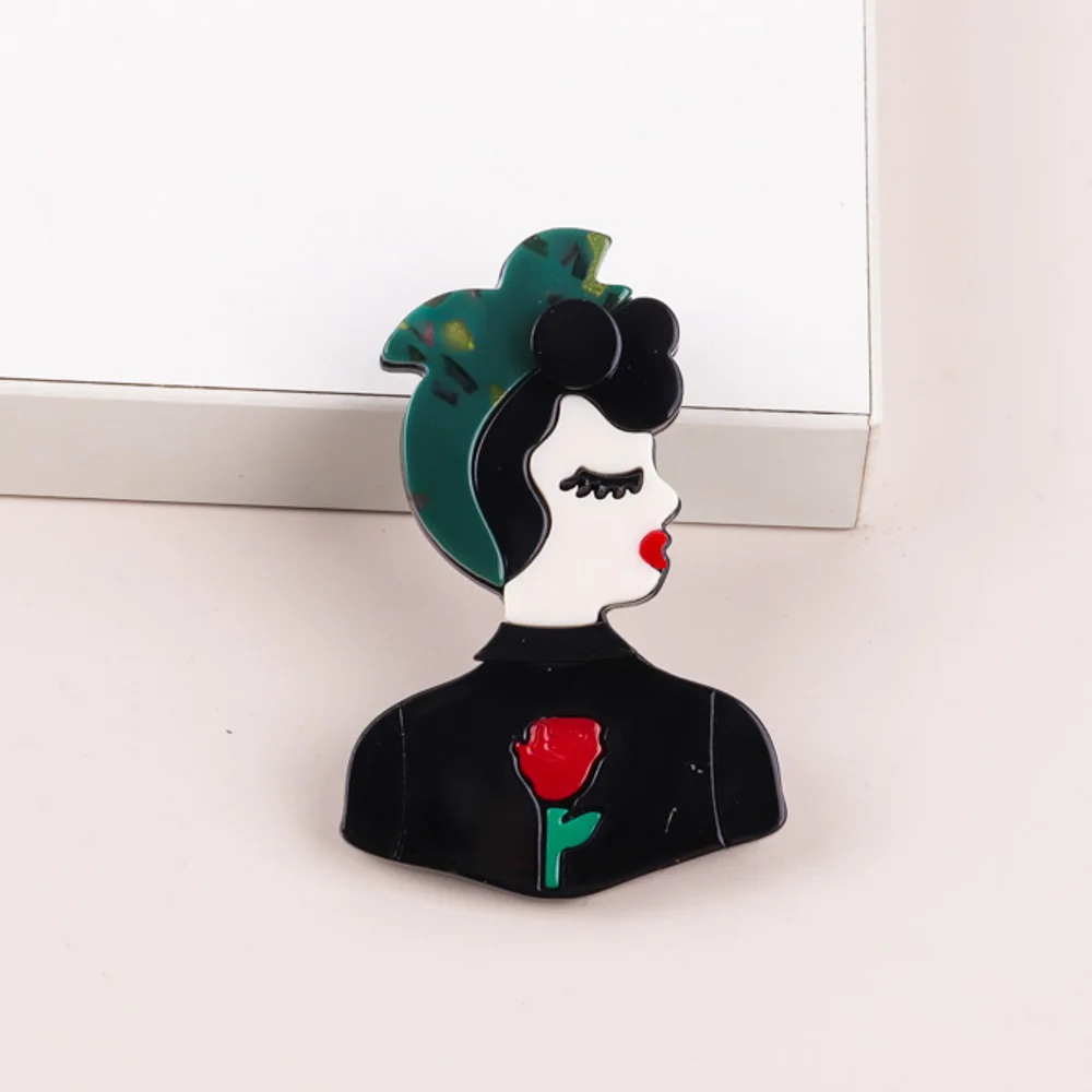 Vintage Acetate Pin Elegant Woman wearing Hijab Rose Sweater Corsage Acrylic Figure Brooch for Women Daily Life