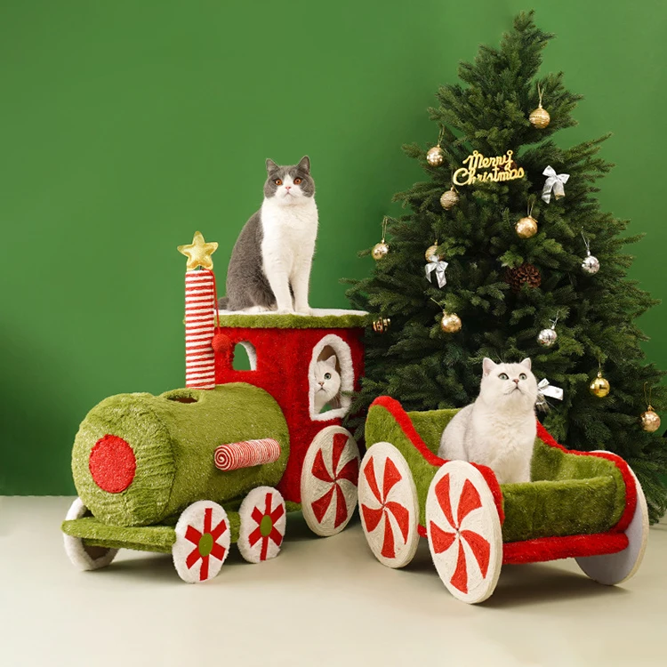 Cat Climbing Frame Christmas Train Cat Trees with Fun Ringing Stone Lob Natural Jute Cat Climbing Tree