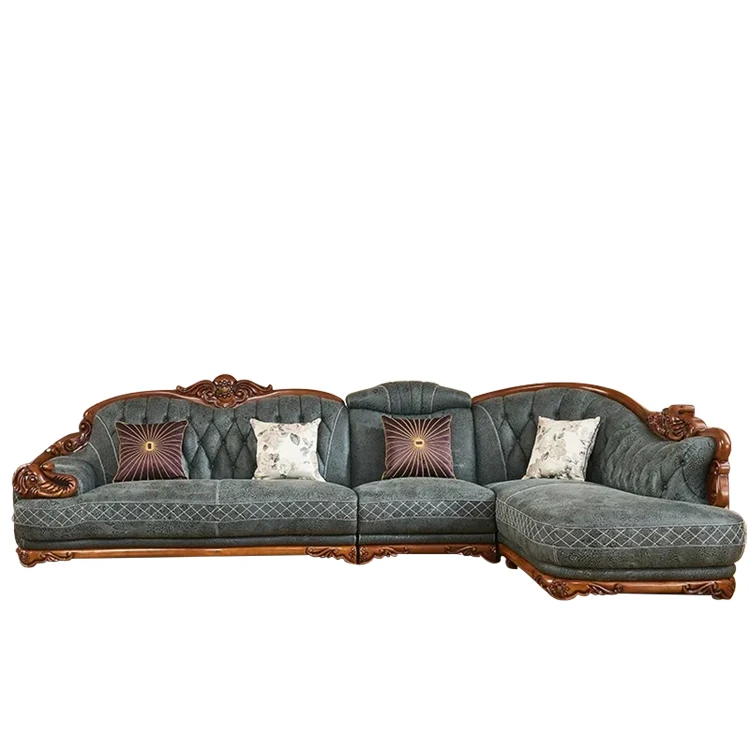 European-style leather sofa combination solid wood carving apartment living room corner luxury American sofa furniture complete