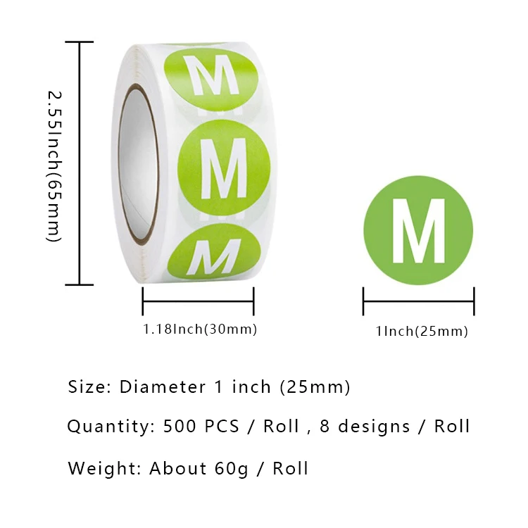 Custom Printed Round Adhesive Label Roll Clear Size Number Stickers XS S M L XL XXL XXXL for Clothes T-Shirts for Gifting