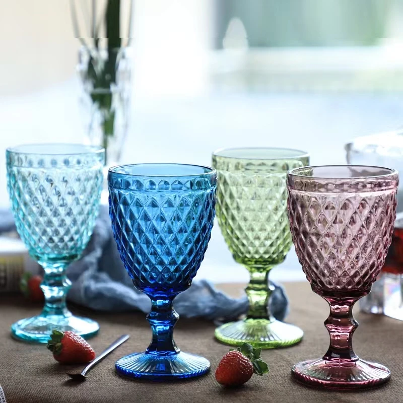 11oz Wholesale Vintage embossed wedding glasses Blue pink Green lead-free glass Champagne glasses